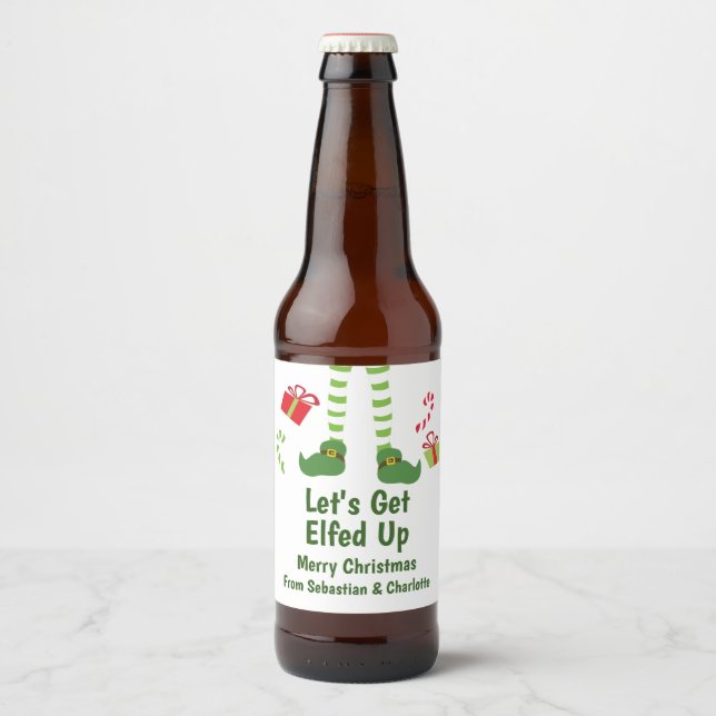 Lets Get Elfed Up Christmas Humour Personalised Beer Bottle Label (Front)
