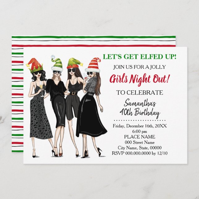 Let's Get Elfed Up Christmas night out Birthday Invitation (Front/Back)