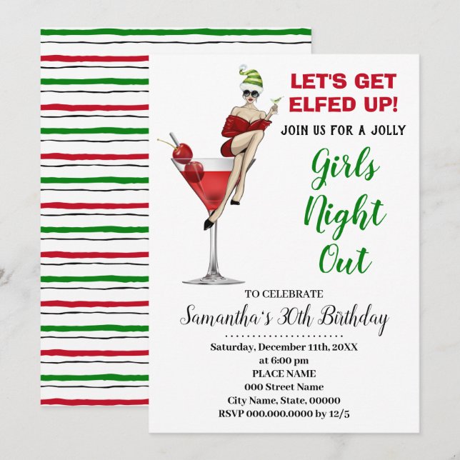 Lets Get Elfed Up Xmas Girls night out Birthday Invitation (Front/Back)