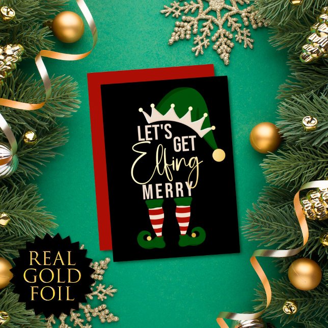 Let's Get Elfing Merry Elf Christmas Gold Foil Holiday Card (Creator Uploaded)