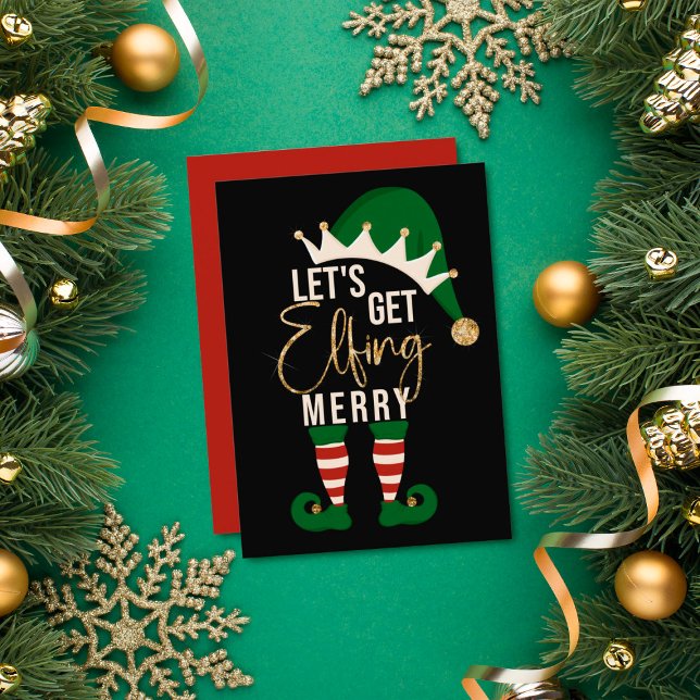 Let's Get Elfing Merry Elf Gold Glitter Christmas Holiday Card (Creator Uploaded)
