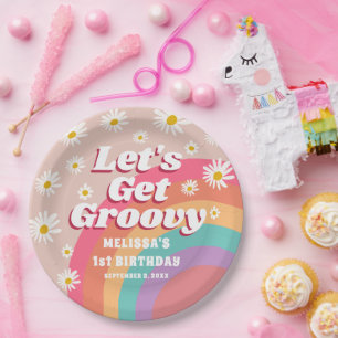 Let's Get Groovy Colourful Rainbow & Daisy Birthda Paper Plate