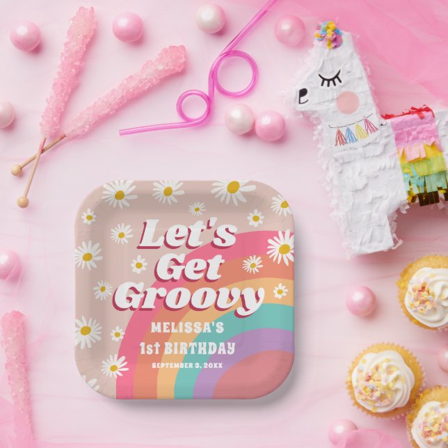 Let's Get Groovy Colourful Rainbow Daisy Birthday Paper Plate (Party)