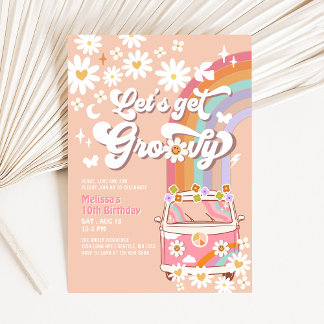 Let's Get Groovy Pink Groovy Van Daisy Birthday Invitation