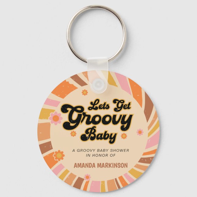 Let's Get Groovy Retro Baby Shower Key Ring (Front)