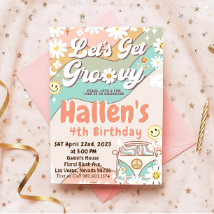 Let's Get Groovy Retro Boho Daisy Rainbow Birthday Invitation