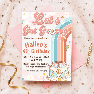 Let's Get Groovy Retro Boho Daisy Rainbow Birthday Invitation