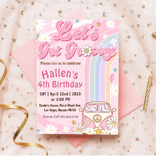 Let's Get Groovy Retro Boho Daisy Rainbow Birthday Invitation