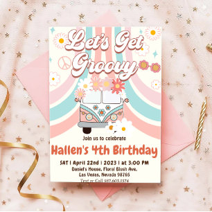 Let's Get Groovy Retro Boho Daisy Rainbow Birthday Invitation