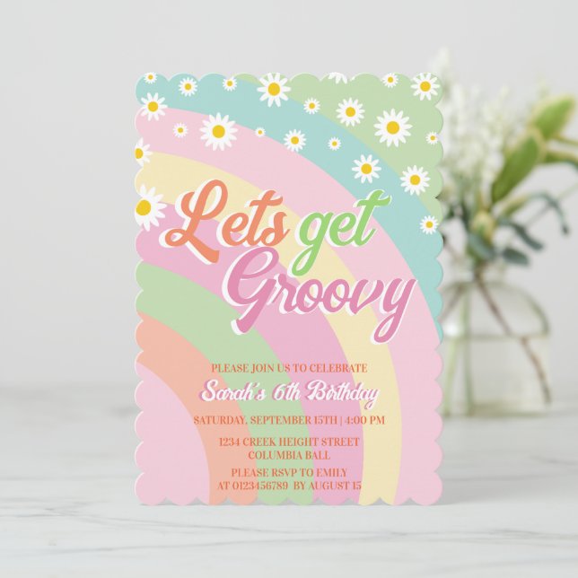 Let's Get Groovy Retro Daisies 6th Birthday Invitation (Standing Front)