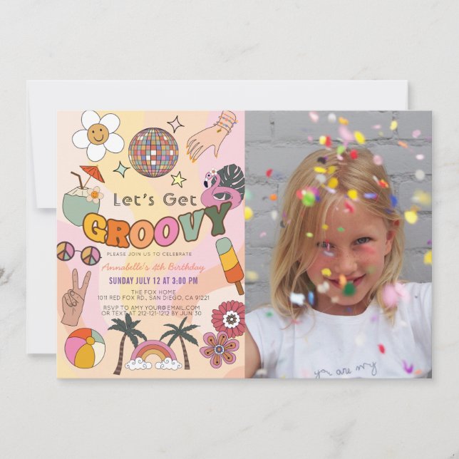 Let's Get Groovy Retro Girl Photo Birthday Invitation (Front)