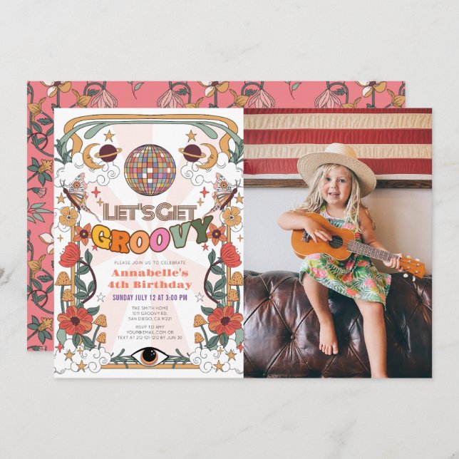Let's Get Groovy Retro Photo Girl Birthday Invitation (Front/Back)
