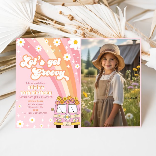 Let's Get Groovy Retro Rainbow 10th Birthday Photo Invitation (Creator Uploaded)