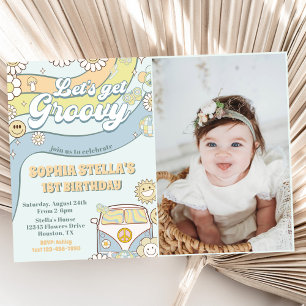 Let's Get Groovy Retro Rainbow 1st Birthday Photo Invitation