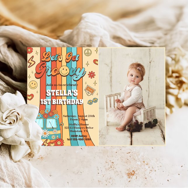 Let's Get Groovy Retro Rainbow 1st Birthday Photo Invitation (Creator Uploaded)