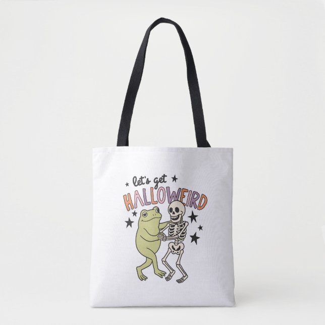 "Let's Get Halloweird" Frog & Skeleton Dancing Tote Bag (Front)