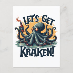 Let's Get Kraken Funny Rum Drinking Octopus Postcard