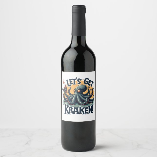 Let's Get Kraken Funny Rum Drinking Octopus Wine Label (Front)