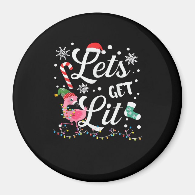 Let's Get Lit Adult Flamingo Funny Christmas Magnet (Front)