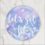 Let's get lit - Blue Sparkles Funny Hanukkah Favour Tags<br><div class="desc">NewParkLane - Humourous Hanukkah Ornament,  with blue sparkling,  glittering lights and funny quote 'Let's get lit' in a white script typography. Add your family name for a personalised design.

Check out this collection for matching items.</div>