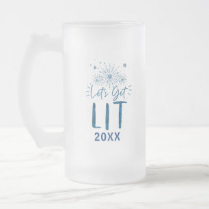 Let's Get Lit Blue Typography New Year's Eve Party Frosted Glass Beer Mug
