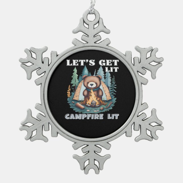 Let's Get Lit. Campfire Lit Classic Snowflake Pewter Christmas Ornament (Front)