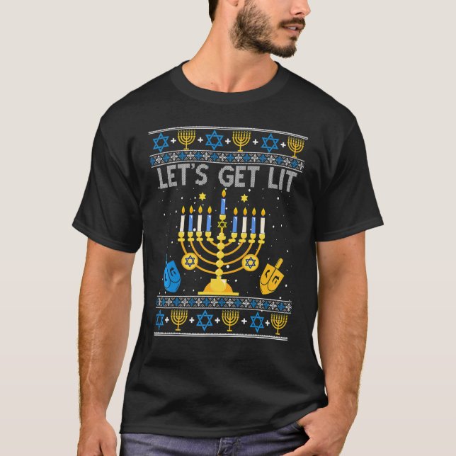 Let's Get Lit Chanukah Hanukkah  Christmas Ugly Sw T-Shirt (Front)