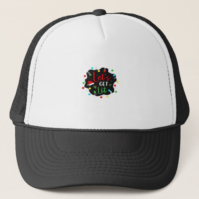 Let's Get Lit Christmas Drinking Lights Santa Esse Trucker Hat (Front)