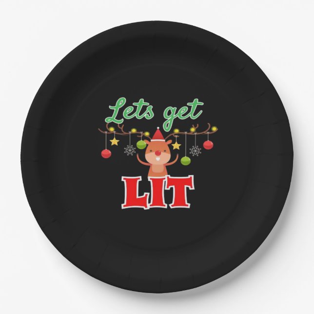 Let's Get Lit Christmas Reindeer Funny  Paper Plate (Front)