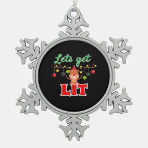 Let's Get Lit Christmas Reindeer Funny Snowflake Pewter Christmas Ornament