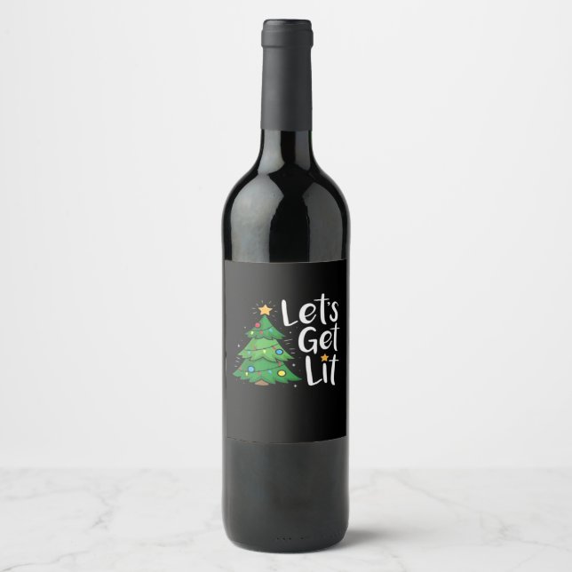 Let's Get Lit Christmas Tree Lights Funny Classic Wine Label (Front)