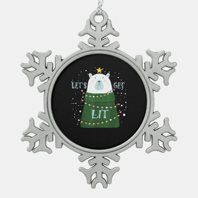 Let's Get Lit Cute Bear Christmas Pyjamas Snowflake Pewter Christmas Ornament (Front)