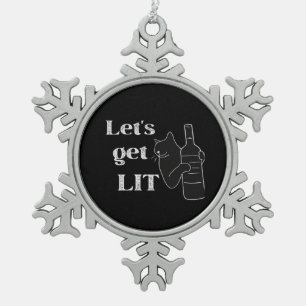 Let's Get Lit. Drinking Cat Classic Snowflake Pewter Christmas Ornament