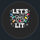 Let's Get Lit Drinking Santa Hat Christmas Lights  Classic Round Sticker<br><div class="desc">Let's Get Lit Drinking Santa Hat Christmas Lights Funny: A humourous Christmas drinking pun with Santa hats and lights. Perfect for festive parties. Fun,  witty,  and bold.</div>