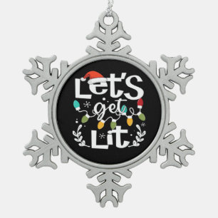 Let's Get Lit Drinking Santa Hat Christmas Lights Snowflake Pewter Christmas Ornament