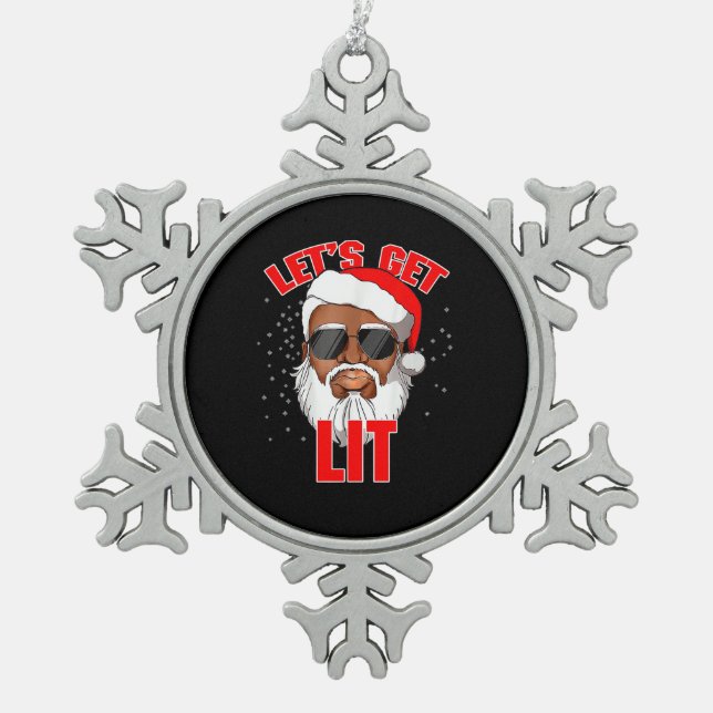 Let's Get Lit Drinking Santa Hat Christmas Lights  Snowflake Pewter Christmas Ornament (Front)