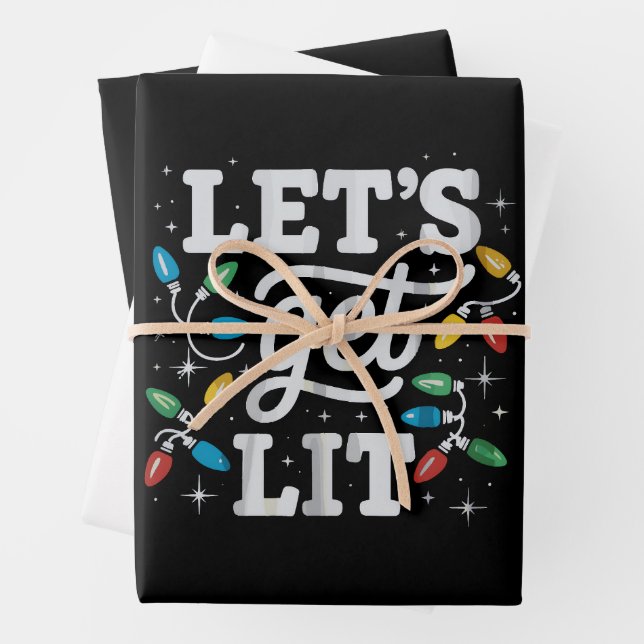 Let's Get Lit Drinking Santa Hat Christmas Lights  Wrapping Paper Sheet (In situ)