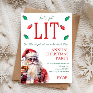 Let's Get Lit Drunk Santa Christmas Party Invitation