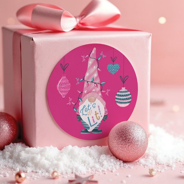 Let's Get Lit Fun Bright Gnome Christmas Lights Classic Round Sticker (Let's Get Lit Fun Bright Gnome Christmas Lights Classic Round Sticker)