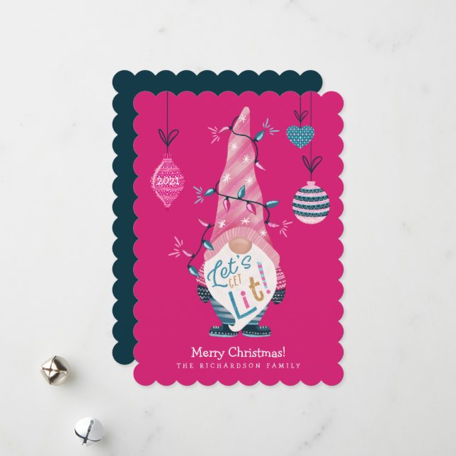 Let's Get Lit Fun Bright Gnome Christmas Lights Holiday Card (Front/Back In Situ)