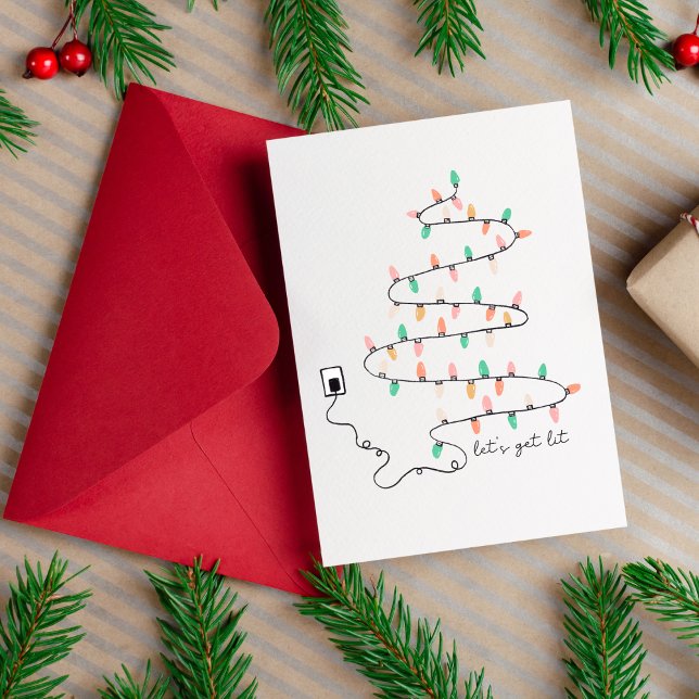 Lets Get Lit Funny Christmas Card for Coworkers (Lets Get Lit Funny Christmas Card for Coworkers Blank Christmas Tree Lights Card)