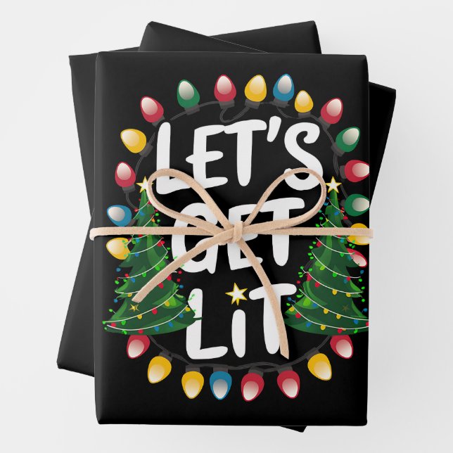 Let's Get Lit Funny Christmas Drinking Xmas Lights Wrapping Paper Sheet (In situ)