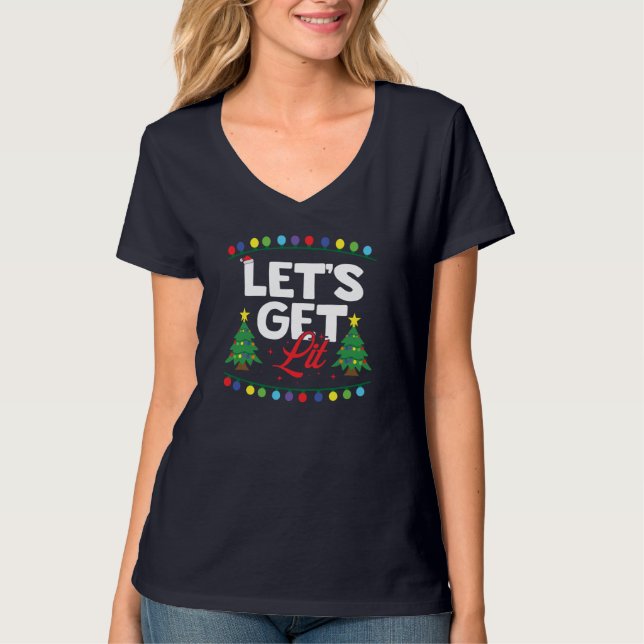 Let's Get Lit Funny Christmas Drinking Xmas Tree L T-Shirt (Front)