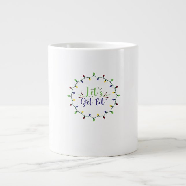 Let's Get Lit Funny Christmas Lights Festive Holid Large Coffee Mug (Front)
