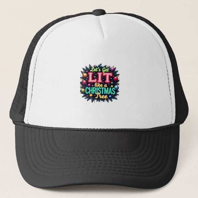 Let's Get Lit -  Funny Christmas Pun Graphic Holid Trucker Hat (Front)