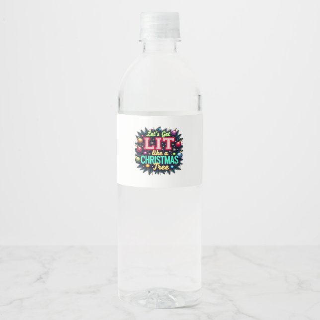 Let's Get Lit -  Funny Christmas Pun Graphic Holid Water Bottle Label (Front)