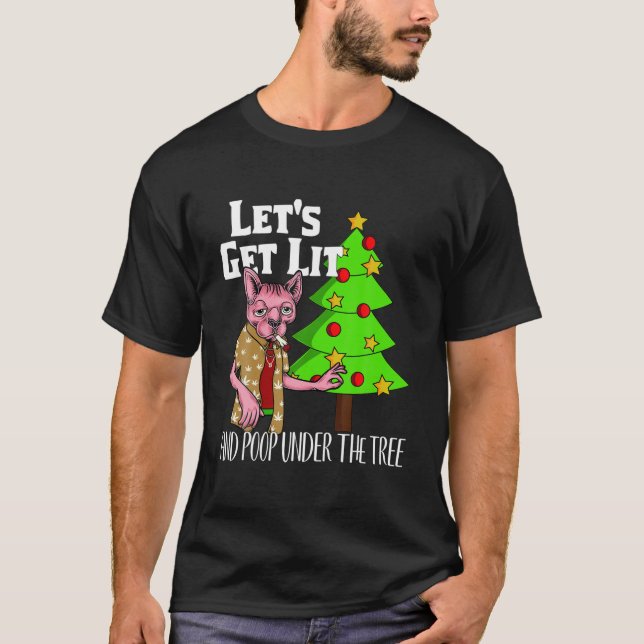 Let's Get Lit Funny Christmas Pyjamas Stoner Kitty T-Shirt (Front)
