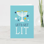 Let's Get Lit | Funny Hanukkah Greeting Card<br><div class="desc">Funny Hanukkah greeting card features a turquoise blue background with "let's get lit" and a lit menorah illustration accented with blue and white stars. Customise the inside with a pre-printed Hanukkah message and signature.</div>