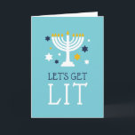 Let's Get Lit | Funny Hanukkah Greeting Card<br><div class="desc">Funny Hanukkah greeting card features a turquoise blue background with "let's get lit" and a lit menorah illustration accented with blue and white stars. Customise the inside with a pre-printed Hanukkah message and signature.</div>