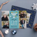 Let's Get Lit | Funny Hanukkah Photo Collage Card<br><div class="desc">Time to get lit... the menorah, that is! Funny Hanukkah photo card features "let's get lit" beneath a menorah illustration accented with blue and white stars. Add four of your favourite photos in a collage layout, along with your names and a custom Hanukkah greeting. Personalise the back with an additional...</div>